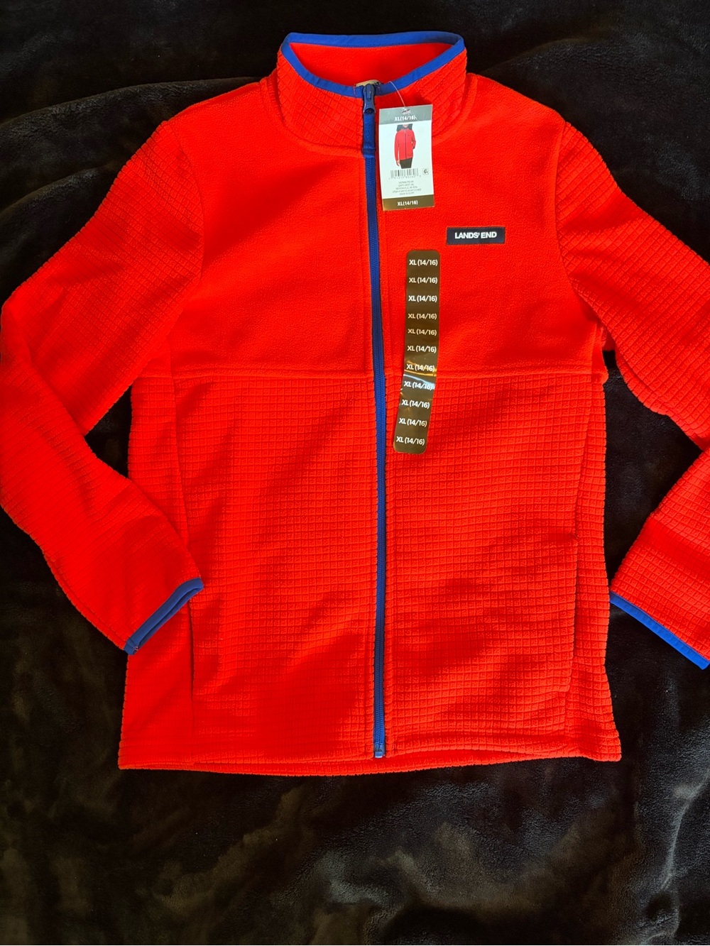 Lands' End Bright Orange Waffle Fleece Jacket with Blue Trim